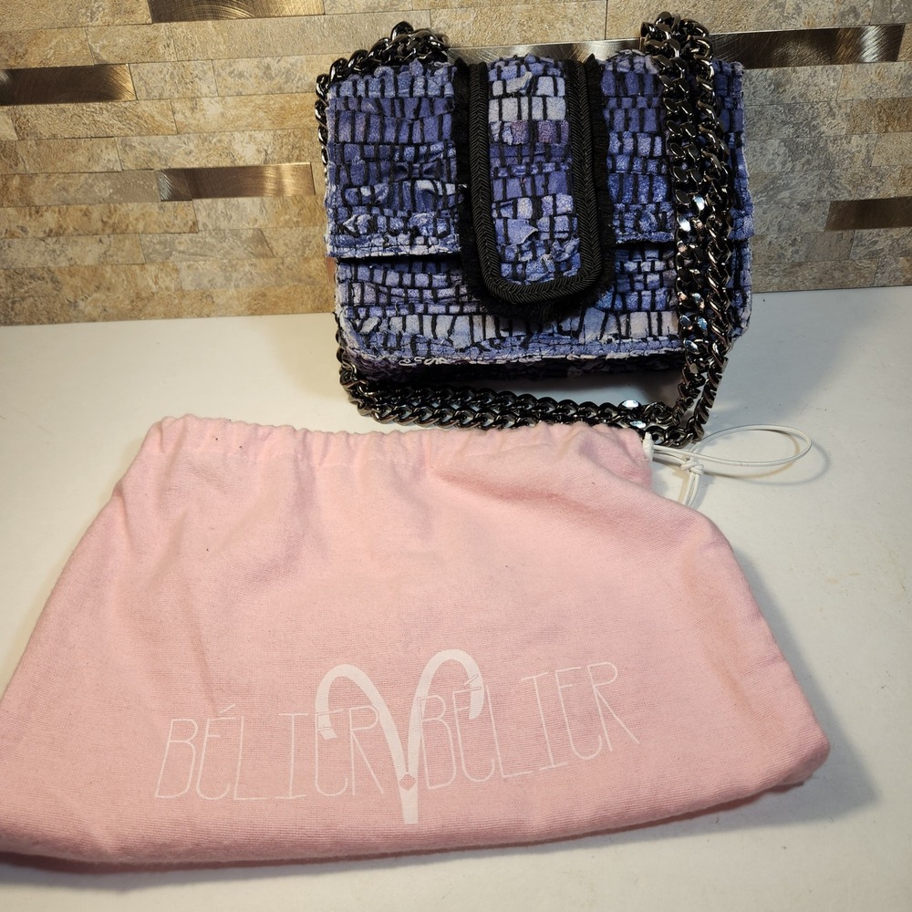 Belier NY Woven Purple Blue Shoulder Bag Gunmetal Chain Floral Velvet Lining